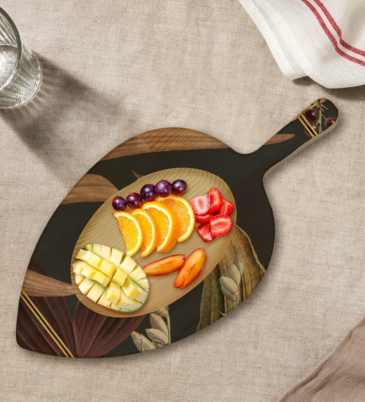 BK Gift Çiçekler Tasarımlı Yaprak Şeklinde Doğal Ahşap Servis ve Sunum Tabağı Model 4