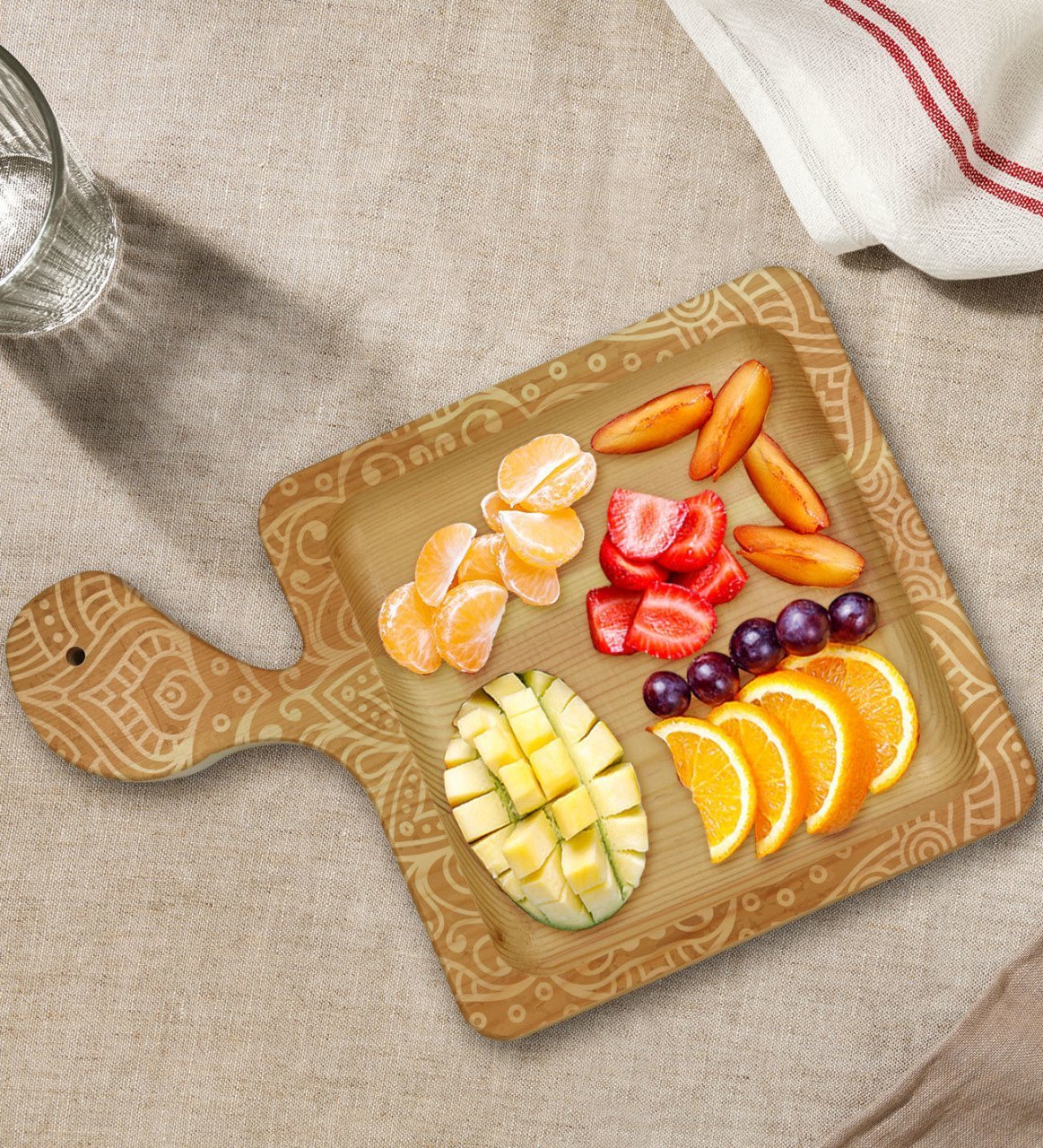 BK Gift Retro Motif Tasarımlı Kare Şeklinde Doğal Ahşap Servis ve Sunum Tabağı Model 9