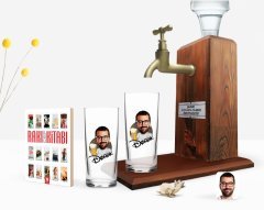 Kişiye Özel Renkli Baskılı Erkek Karikatürlü İkili Rakı Bardağı Ahşap Rakı Standı ve Cep Kitabı Hediye Seti-51