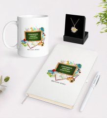 Kişiye Özel Öğretmenler Günümüz Kutlu Olsun Beyaz Kupa Defter Kalem ve İsimli Papatya Kolye Hediye Seti-7
