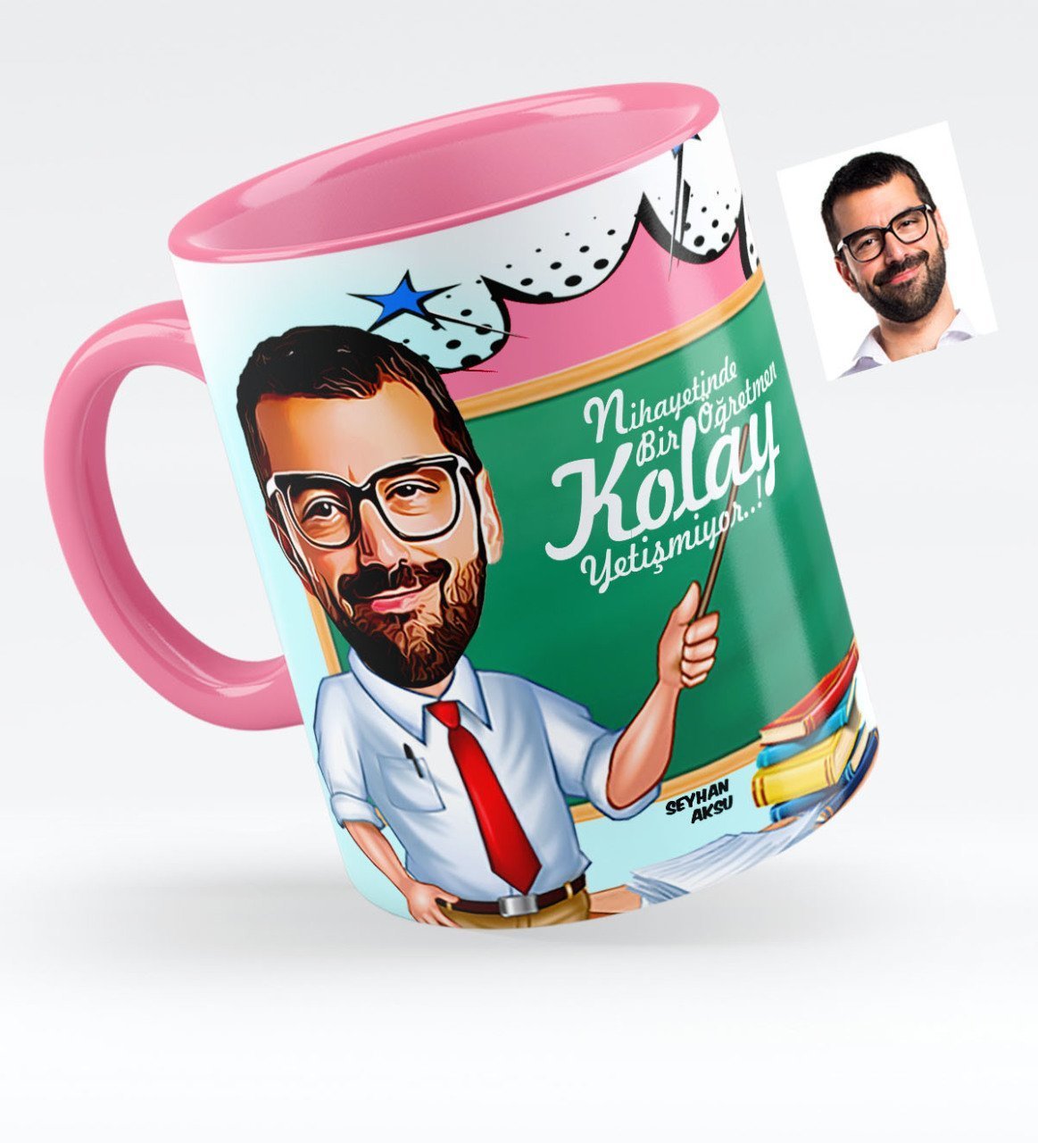 Kişiye Özel Bay Öğretmen Karikatürlü Pembe Kupa Bardak - 1