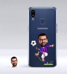 Kişiye Özel Bordo Mavi Futbolcu Karikatürlü Samsung Galaxy A10s İnce Şeffaf Silikon Telefon Kapağı