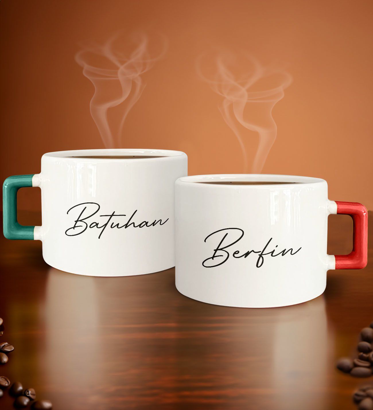 BK Gift Kişiye Özel İsimli Tarihli Yeşil ve Kırmızı Kulplu 2li Çay & Kahve Fincanı, Arkadaşa Hediye, Sevgiliye Hediye