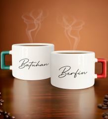 BK Gift Kişiye Özel İsimli Tarihli Yeşil ve Kırmızı Kulplu 2li Çay & Kahve Fincanı, Arkadaşa Hediye, Sevgiliye Hediye