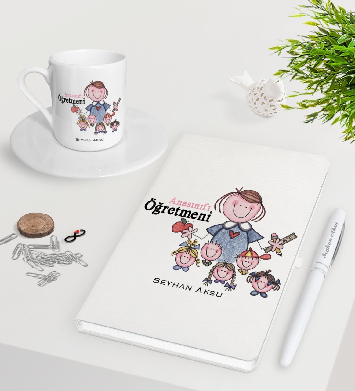 Kişiye Özel Anasınıfı Öğretmeni Beyaz Defter Kalem Türk Kahvesi Fincanı Seti-2