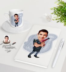 Kişiye Özel Erkek Kuaför Karikatürlü Beyaz Defter Kalem Türk Kahvesi Fincanı Seti-1