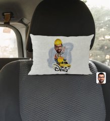 Kişiye Özel İsimli Erkek Yol Mühendisi Karikatürlü Dikdörtgen Araç Koltuk Yastığı-1