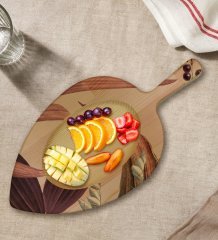 BK Gift Çiçekler Tasarımlı Yaprak Şeklinde Doğal Ahşap Servis ve Sunum Tabağı Model 3