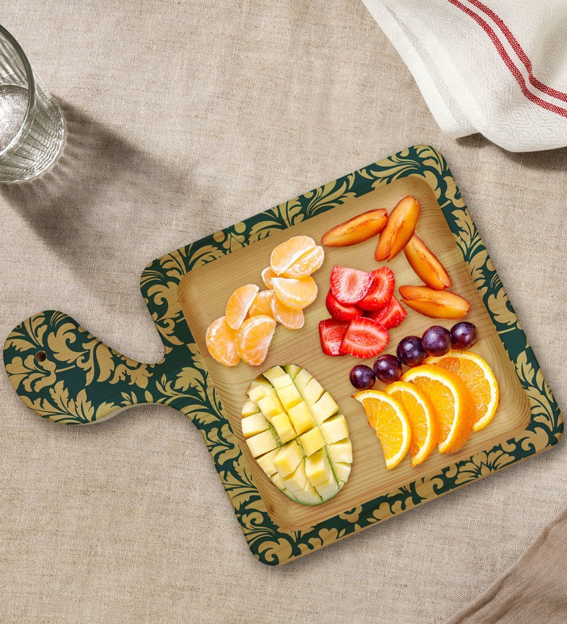 BK Gift Retro Motif Tasarımlı Kare Şeklinde Doğal Ahşap Servis ve Sunum Tabağı Model 8