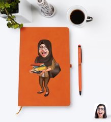 Kişiye Özel Tesettürlü Kadın Öğretmen Karikatürlü Turuncu Termo Deri Defter Kalem Seti Model 2