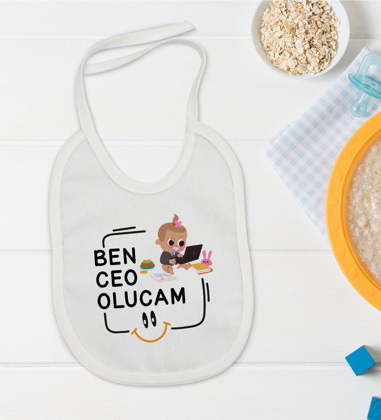 BK Kids Ceo Olucam Tasarımlı Beyaz Bebek Mama Önlüğü-2