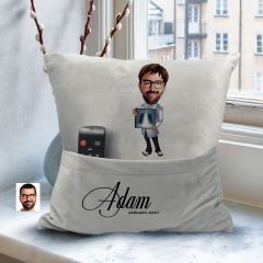 BK Gift Kişiye Özel Doktor Karikatür Tasarımlı Organizer Kumanda ve Atıştırmalık Cepli Gri Kırlent Yastık-9 Arkadaşa Hediye, Cepli Yastık