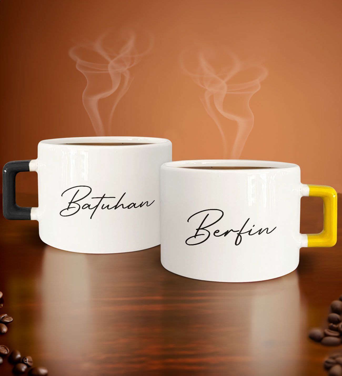 BK Gift Kişiye Özel İsimli Tarihli Siyah ve Sarı Kulplu 2li Çay & Kahve Fincanı, Arkadaşa Hediye, Sevgiliye Hediye