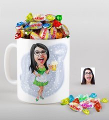 Kişiye Özel Bayan Karikatürlü Kupa ve Haribo Fruitbons Şeker Hediye Seti-30