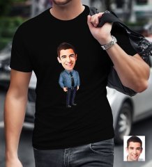 Kişiye Özel Bay Polis Karikatürlü Siyah T-Shirt-3