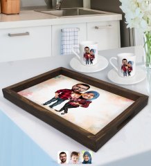 Kişiye Özel Tesettürlü Aile Karikatürlü Doğal Ahşap Tepsi ve 2’li Kahve Fincan Seti-2
