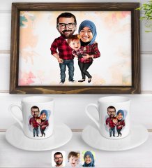 Kişiye Özel Tesettürlü Aile Karikatürlü Doğal Ahşap Tepsi ve 2’li Kahve Fincan Seti-2