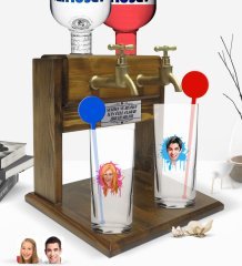 Kişiye Özel Renkli Baskılı Erkek ve Kadın Karikatürlü İkili Vodka Bardağı ve Çift Musluklu Doğal Ahşap Vodka Standı-31
