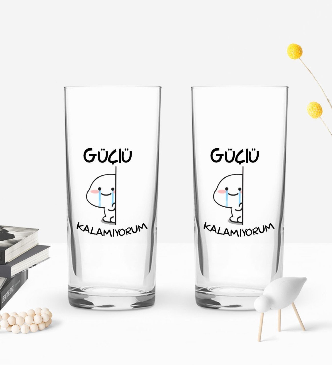 Bk Gift Renkli Baskılı Güçlü Kalamıyorum Tasarımlı İkili Rakı Bardağı Seti-1