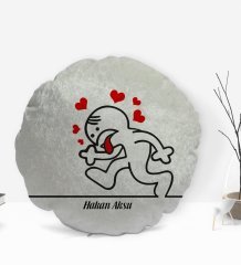 Kişiye Özel İsimli Aşık Çöp Adam Tasarımlı Yuvarlak Dekoratif Kırlent Yastık-1