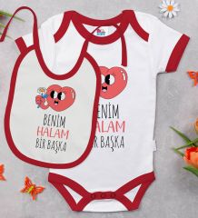 BK Kids Benim Halam Bir Başka Tasarımlı Kırmızı Bebek Body Zıbın ve Mama Önlüğü Hediye Seti-1