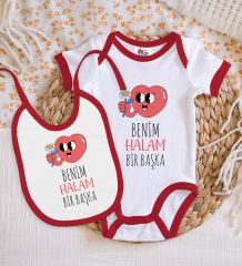 BK Kids Benim Halam Bir Başka Tasarımlı Kırmızı Bebek Body Zıbın ve Mama Önlüğü Hediye Seti-1