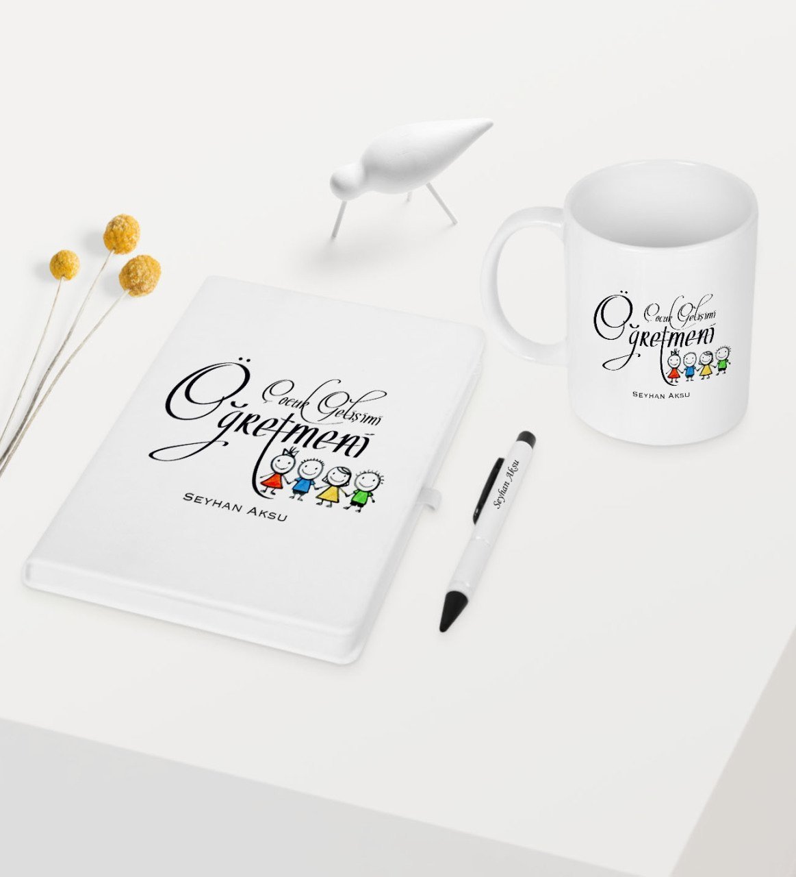 Kişiye Özel Çocuk Gelişimi Öğretmeni Temalı Beyaz Defter Kalem Kupa Seti - 2