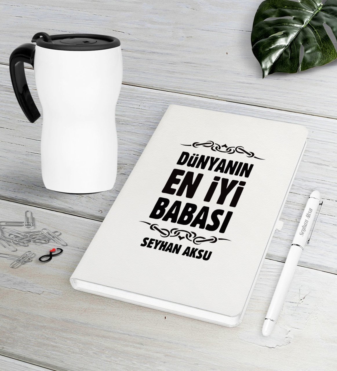Kişiye Özel Dünyanın En İyi Babası Beyaz Defter Kalem Termos Mug Seti-6