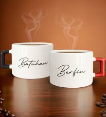 BK Gift Kişiye Özel İsimli Tarihli Siyah ve Kırmızı Kulplu 2li Çay & Kahve Fincanı, Arkadaşa Hediye, Sevgiliye Hediye