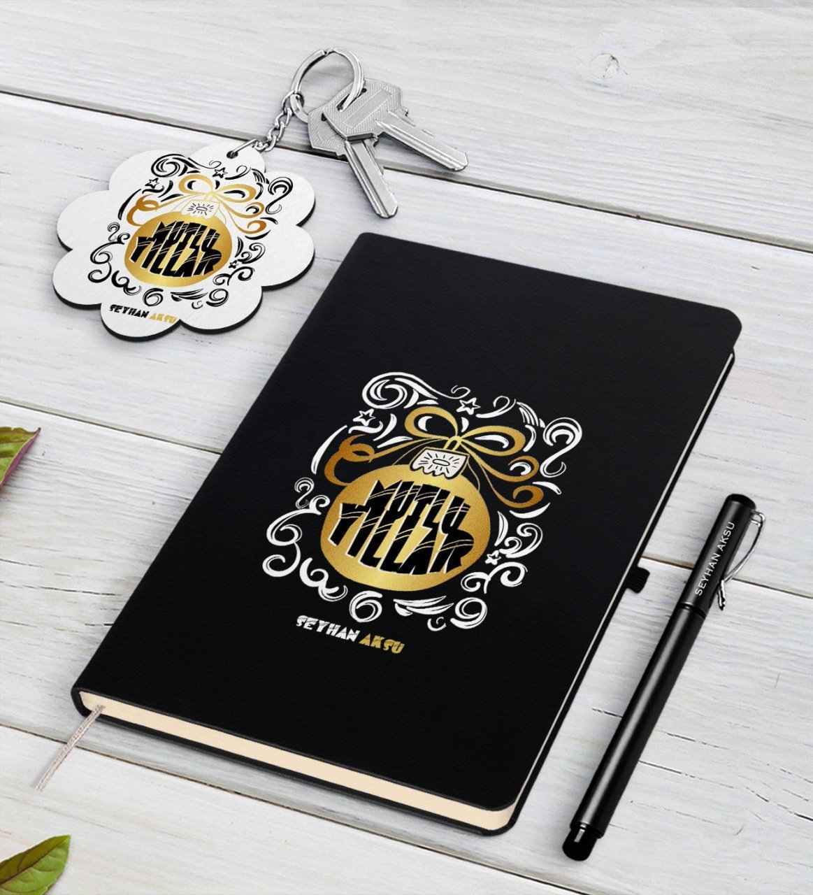 Kişiye Özel Yılbaşı Mutlu Yıllar Siyah Defter Kalem ve Anahtarlık Hediye Seti-9