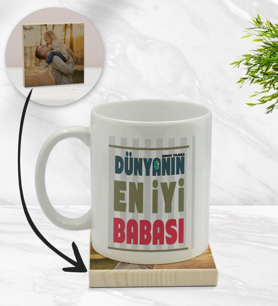 Kişiye Özel Dünyanın En İyi Babası Tasarımlı Beyaz Kupa Bardak ve Ahşap Bardak Altlığı Hediye Seti - Model 1