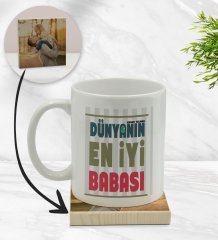 Kişiye Özel Dünyanın En İyi Babası Tasarımlı Beyaz Kupa Bardak ve Ahşap Bardak Altlığı Hediye Seti - Model 1