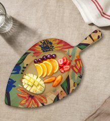 BK Gift Çiçekler Tasarımlı Yaprak Şeklinde Doğal Ahşap Servis ve Sunum Tabağı Model 1