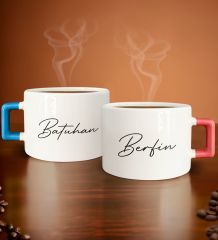 BK Gift Kişiye Özel İsimli Tarihli Mavi ve Pembe Kulplu 2li Çay & Kahve Fincanı, Arkadaşa Hediye, Sevgiliye Hediye