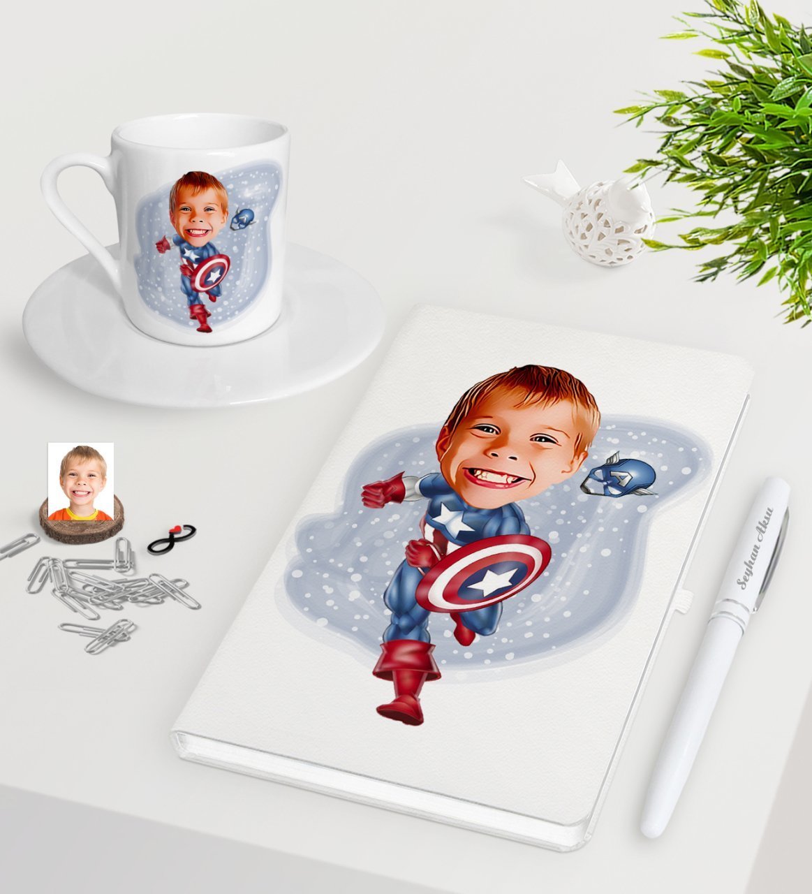 Kişiye Özel Çocuk Kaptan Amerika Karikatürlü Beyaz Defter Kalem Türk Kahvesi Fincanı Seti-1