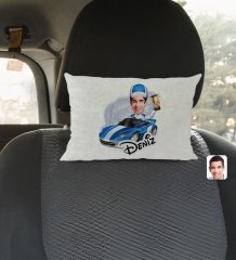 Kişiye Özel İsimli Erkek Rallici Karikatürlü Dikdörtgen Araç Koltuk Yastığı-1