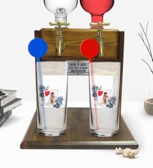 Kişiye Özel Renkli Baskılı İsimli Fotoğraflı İkili Vodka Bardağı ve Çift Musluklu Doğal Ahşap Vodka Standı-33