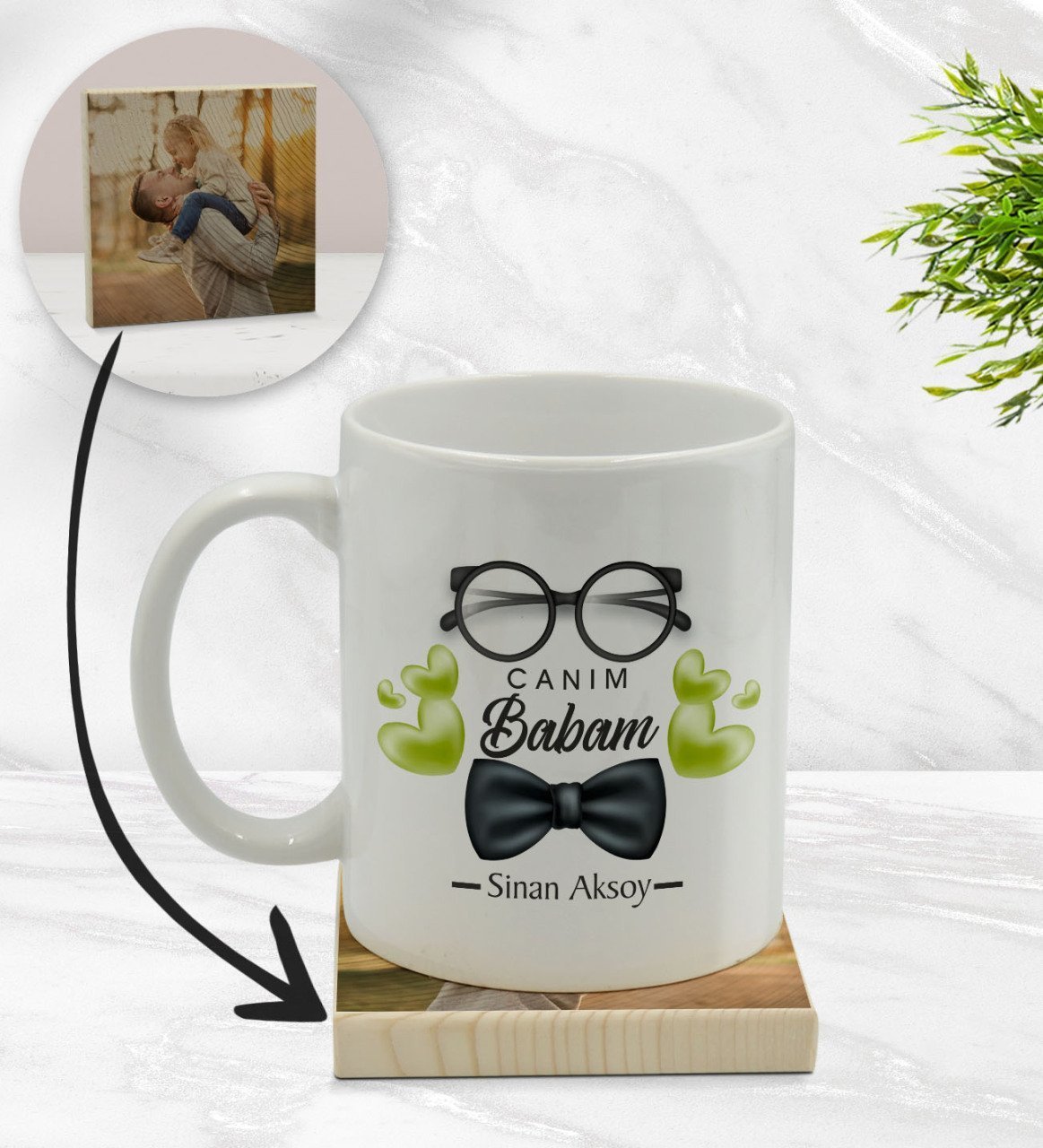 Kişiye Özel Canım Babam Tasarımlı Beyaz Kupa Bardak ve Ahşap Bardak Altlığı Hediye Seti - Model 5