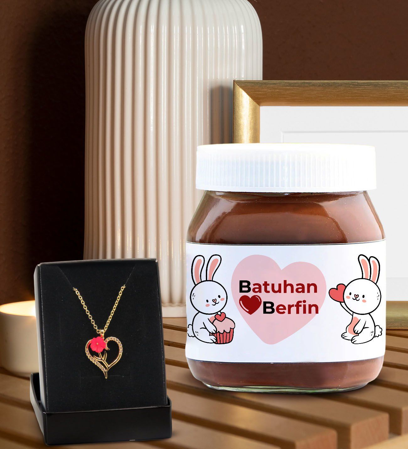 BK Gift Sevgiliye Özel Aşk Çiçeği Kalp Kolye ve Nutella 400gr. Hediye Seti, Sevgililer Günü Hediye, Doğum Günü Hediyesi, Sevgiliye Hediye-4