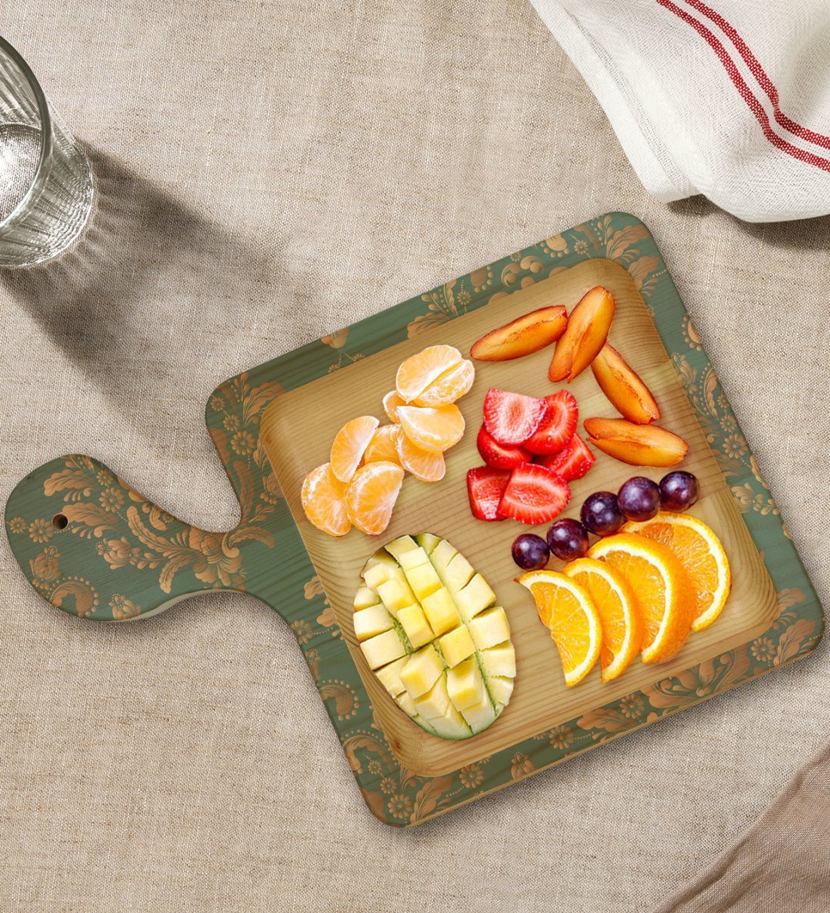 BK Gift Retro Motif Tasarımlı Kare Şeklinde Doğal Ahşap Servis ve Sunum Tabağı Model 5