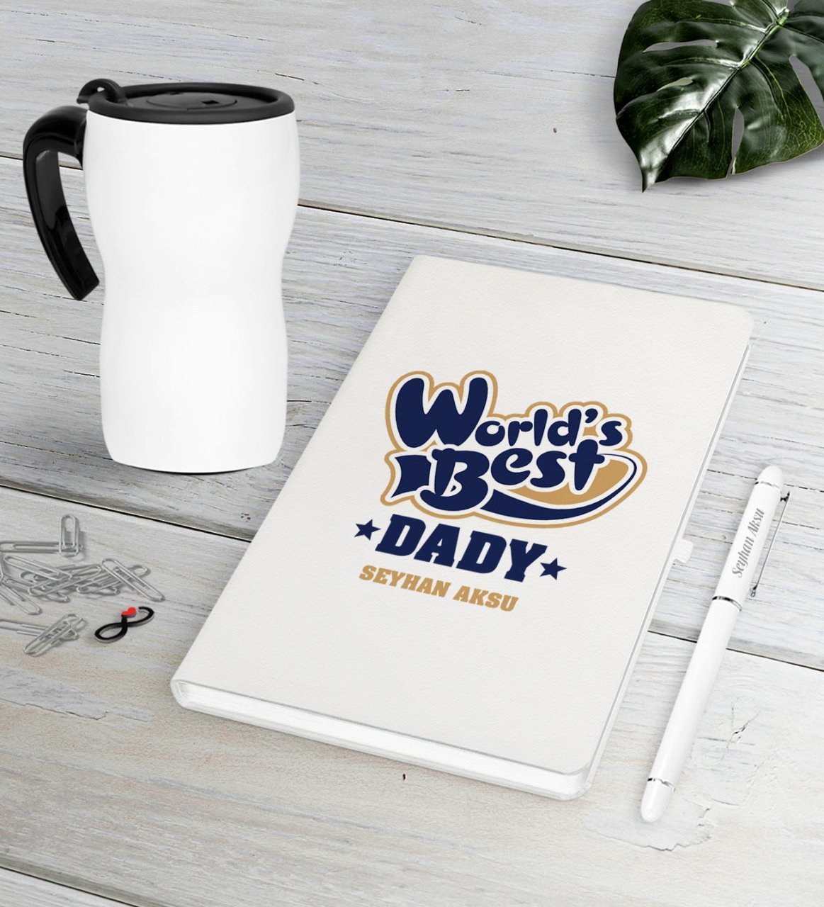 Kişiye Özel Dünyanın En İyi Babası Beyaz Defter Kalem Termos Mug Seti-3