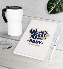 Kişiye Özel Dünyanın En İyi Babası Beyaz Defter Kalem Termos Mug Seti-3