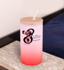 BK Gift Kadınlar Gününe Özel İsimli Kırmızı Renk Pipetli Buzlu Cam Bardak 600ml - 3, 8 Mart Kadınlar Günü