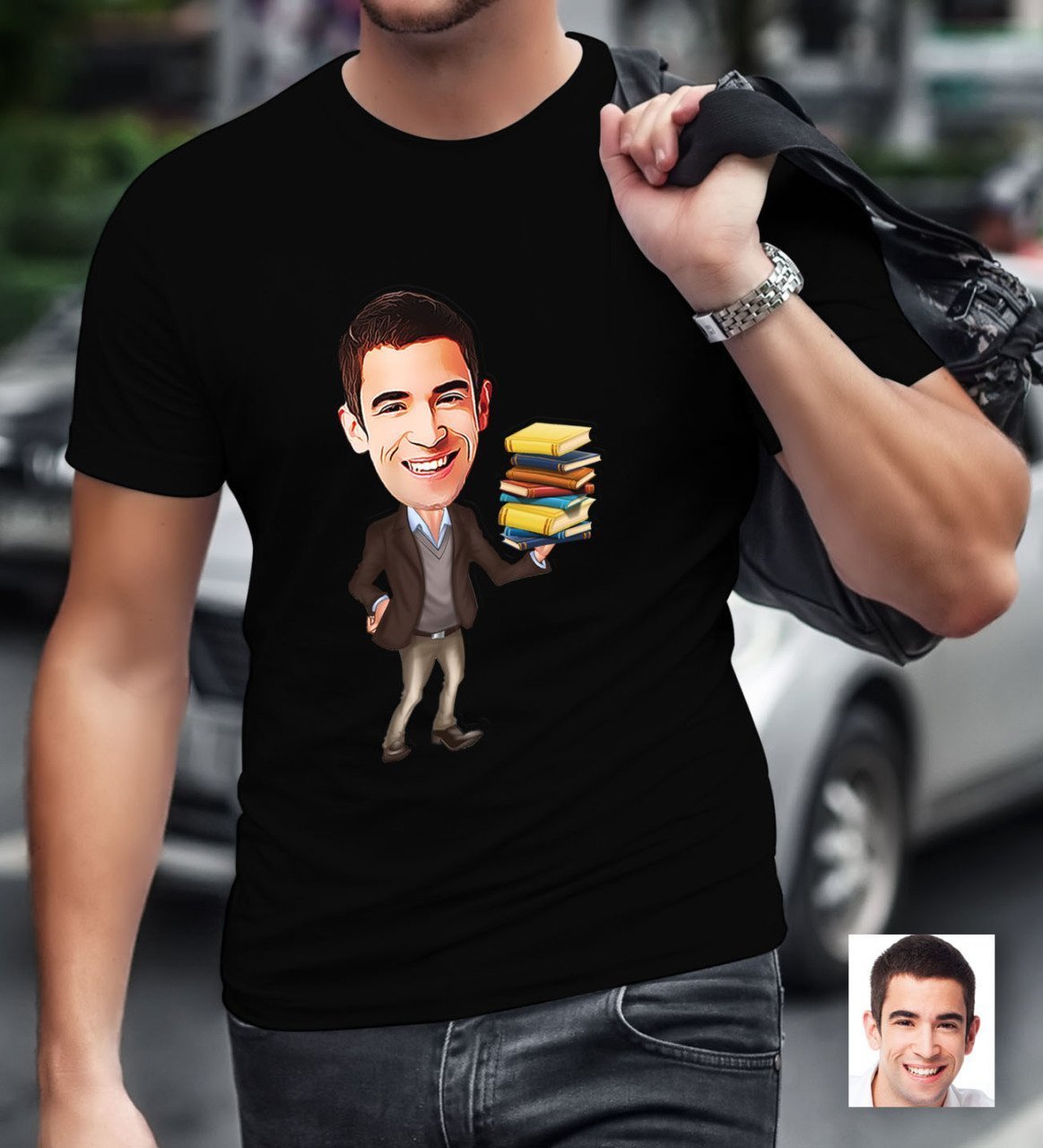Kişiye Özel Bay Öğretmen Karikatürlü Siyah T-Shirt-8