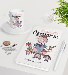 Kişiye Özel Anaokulu Öğretmeni Beyaz Defter Kalem Türk Kahvesi Fincanı Seti-2