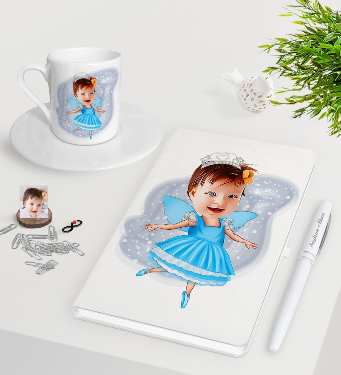 Kişiye Özel Çocuk Balerin Karikatürlü Beyaz Defter Kalem Türk Kahvesi Fincanı Seti-1
