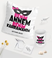 Kişiye Özel Annem Benim Kahramanım Beyaz Kupa Ayna Yastık Seti - 1