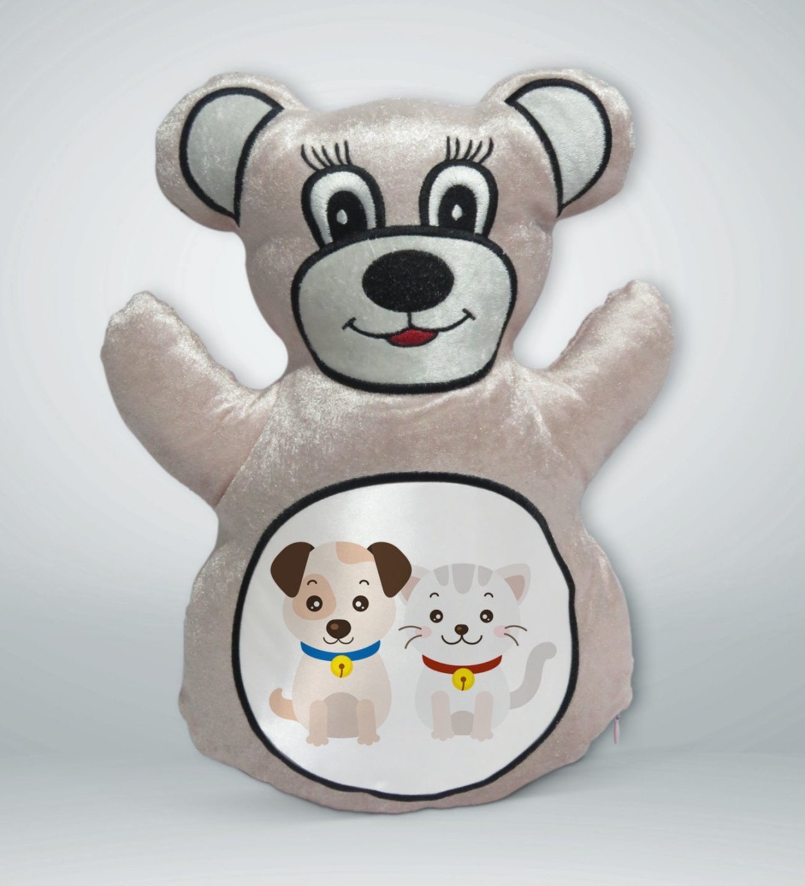 BK Gift Sevimli Kedi ve Köpek Tasarımlı Krem Ayıcık Yastık-1