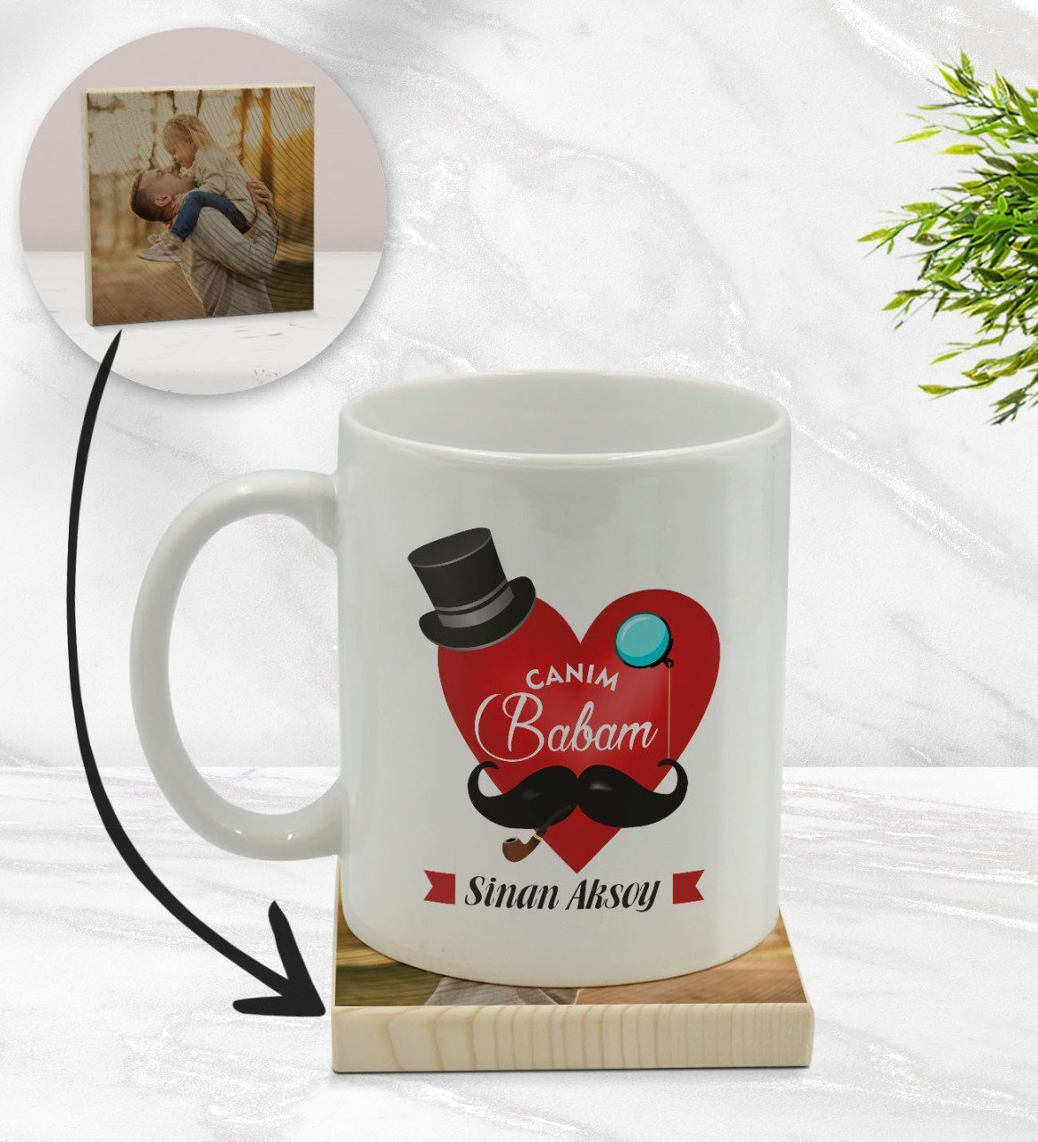 Kişiye Özel Canım Babam Tasarımlı Beyaz Kupa Bardak ve Ahşap Bardak Altlığı Hediye Seti - Model 4