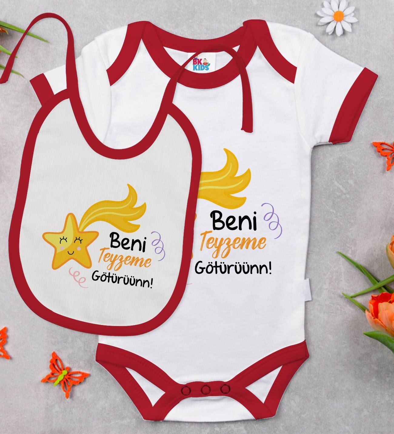 BK Kids Beni Teyzeme Götürün Tasarımlı Kırmızı Bebek Body Zıbın ve Mama Önlüğü Hediye Seti-1